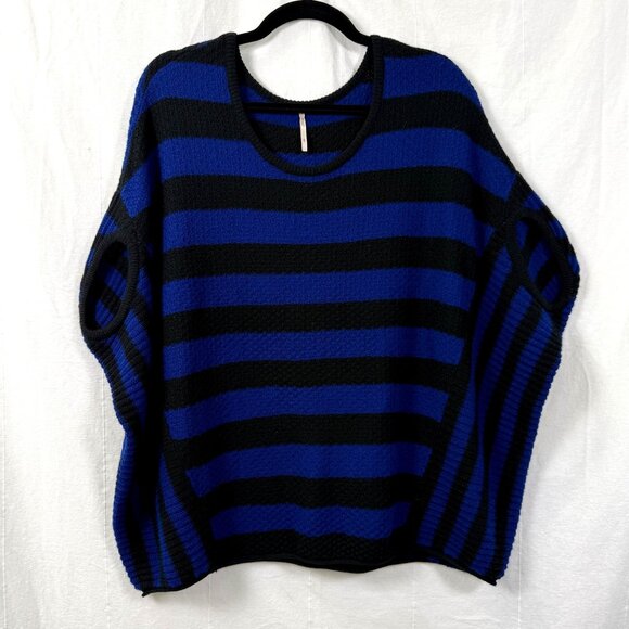 Free People Sweater Womens Sz S Blue/Black Stripe Oversized Poncho Wool Blend - Picture 1 of 8